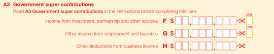 A blank copy of 'A3 Government super contributions' section of the 2019 tax return.

A3 Government super contributions
Read A3 Government super contributions in the instructions before completing this item.
Label F Income from investment, partnership and other sources: nil
Label G Other income from employment and business: nil
Label H Other deductions from business income: nil