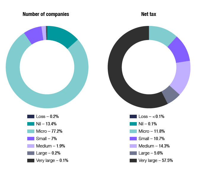 Chart 14 shows the distribution of companies and net tax, by company size, for the 2016–17 income year. The link below will take you to the data behind this chart as well as similar data back to the 2009–10 income year.