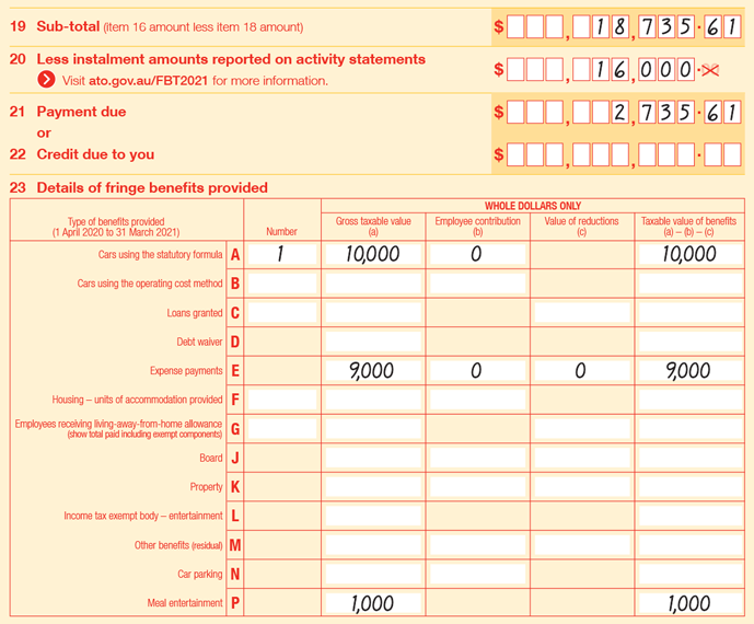 Item 14A-23 Taxable employers Extract of Items 19 to 23 of 2021 FBT return: Item 19 Sub-total (item 16 amount less item 18 amount) is $18,735.61 Item 20 Less instalment amounts reported on activity statements (Visit ato.gov.au/FBT2021 for more information) is $16,000 Item 21 Payment due is $2,735.61 Item 23 Details of fringe benefits provided is as follows: 23A Cars using the statutory formula, number is 1, gross taxable value is $10,000, employee contribution is $0 and taxable value of benefits is $10,000.23 E Expense payments, gross taxable value is $9,000, employee contribution is $0, value of reductions is $0 and taxable value of benefits is $9,000.23 P Meal entertainment, gross taxable value is $1,000 and taxable value of benefits is $1,000.