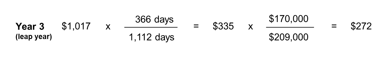 Year 3 (leap year) borrowing expense calculation: $1,017 multiplied by, 366 days divided by 1,112 days, equals $335. $335 multiplied by, $170,000 divided by $209,000 equals $272.