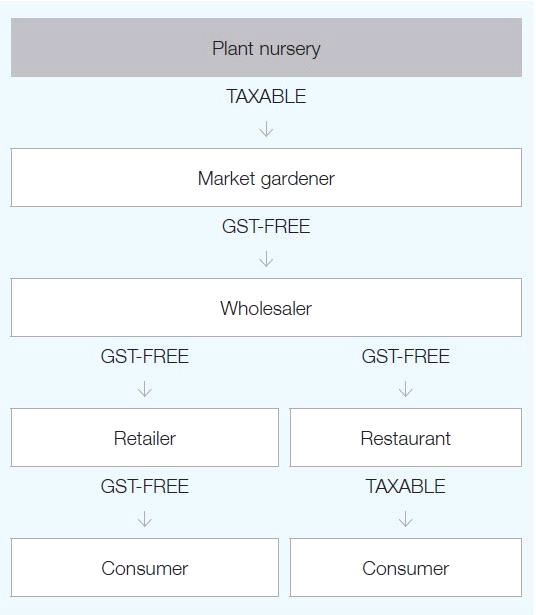 Figure 1 shows which transactions in the food supply chain (as described in the example) are GST-free versus taxable.