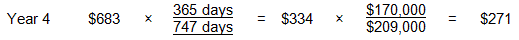 Year 4 borrowing expense calculation: $683 multiplied by, 365 days divided by 747 days, equals $334. $334 multiplied by, $170,000 divided by $209,000 equals $271.