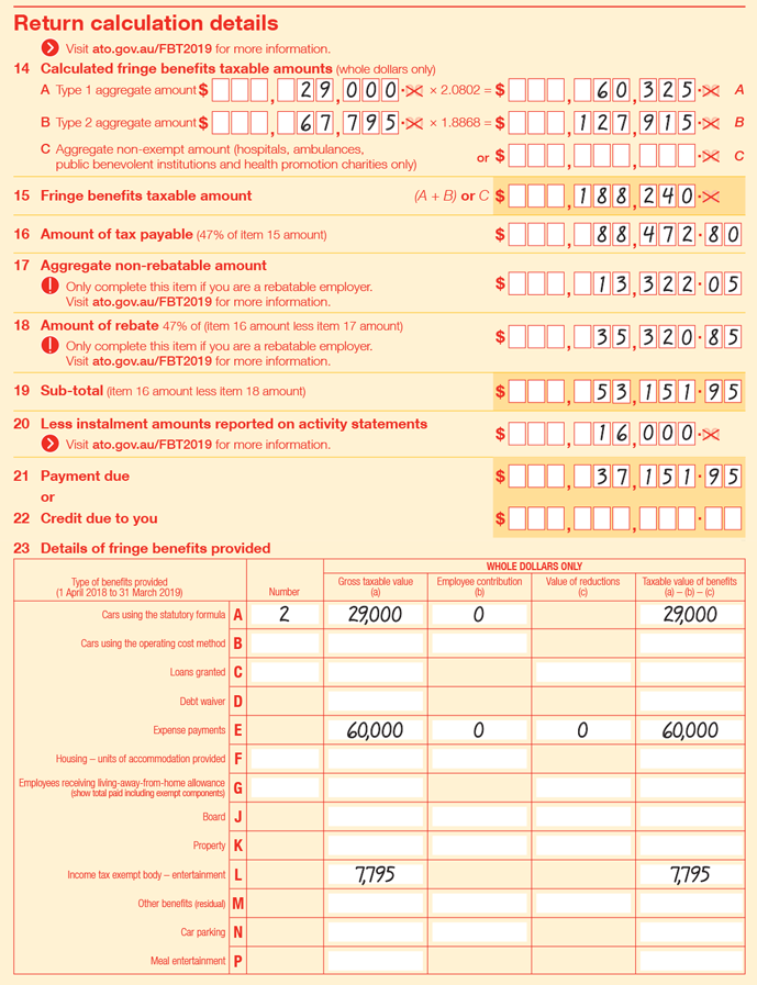 Extract of Items 14 to 23 of 2019 FBT return:
• Item 14A Type 1 aggregate amount is $29,000 × 2.0802 = $60,325
• Item 14B Type 2 aggregate amount is ($60,000 + $7,795) × 1.8868 = $67,795 × 1.8868 = $127,915
• Item 14C is left blank
• Item 15 Fringe benefits taxable amount ((A+B) or C) is $60,325 + $127,915 =  $188,240
• Item 16 Amount of tax payable (47% of item 15 amount) is 47% × $188,240 =  $88,472.80
• Item 17 Aggregate non-rebatable amount (only complete this item if you are a rebatable employer. Visit ato.gov.au/FBT2019 for more information) is $13,322.05
• Item 18 Amount of rebate (47% of (item 16 amount less item 17 amount) (only complete this item if you are a rebatable employer. Visit ato.gov.au/FBT2019 for more information) is 47% × ($88,472.80 − $13,322.05) = $35,320.85
• Item 19 Sub-total (item 16 amount less item 18 amount) is ($88,472.80 − $35,320.85) = $53,151.95
• Item 20 Less instalment amounts reported on activity statements (Visit ato.gov.au/FBT2019 for more information) is $16,000
• Item 21 Payment due is $37,151.95
• Item 22 is left blank

• Item 23 Details of fringe benefits provided is as follows:
• 23A Cars using the statutory formula, number is 2, gross taxable value is $29,000, employee contribution is $0 and taxable value of benefits is $29,000
• 23E Expense payments, gross taxable value is $60,000, employee contribution is $0, value of reductions is $0 and taxable value of benefits is $60,000
• 23L Income tax exempt body-entertainment, gross taxable value is $7,795 and taxable value of benefits is $7,795.
