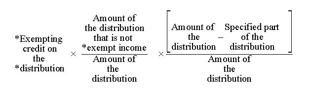 (Exempting credit on the distribution * (Amount of the distribution that is not exempt income of the reipient) / (Amount of the distribution) * ([Amount of the distribution - Specified part of the distribution] / Amount of the distribution))