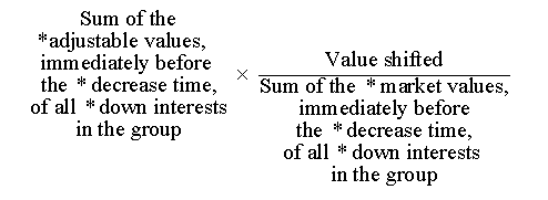 ((Sum of the adjustabel values, immediately before the decrease time, of all down interests in the group) * ((Value shifted) / (Sum of the market values, immediately before the decrease time, of all down interests in the group)))