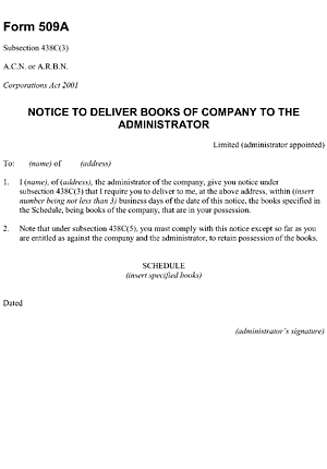 Form 509A: Notice to deliver books of company to the administrator