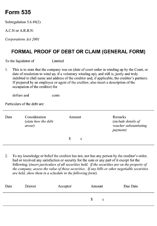 Form 535: Formal proof of debt or claim (general form)