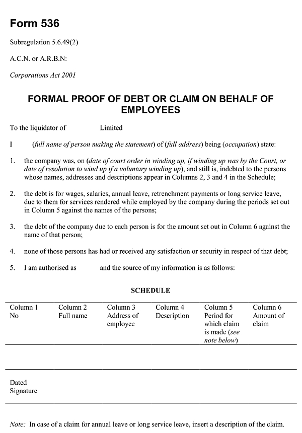 Form 536: Formal proof of debt or claim on behalf of employees