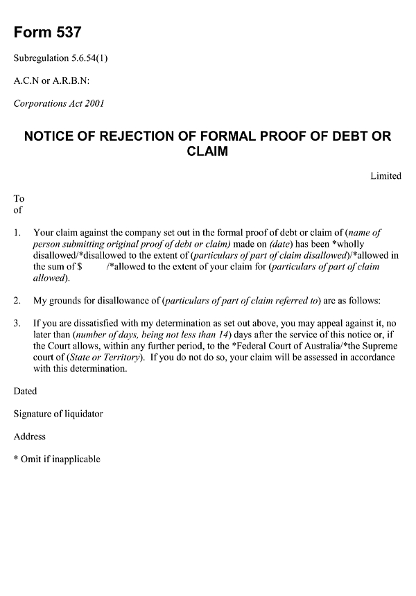 Form 537: Notice of rejection of formal proof of debt or claim