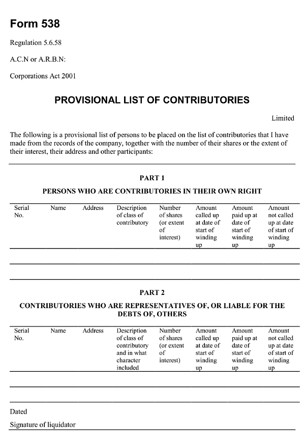 Form 538: Provisional list of contributories
