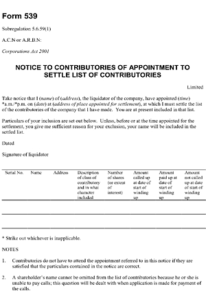 Form 539: Notice to contributories of appointment to settle list of contributories