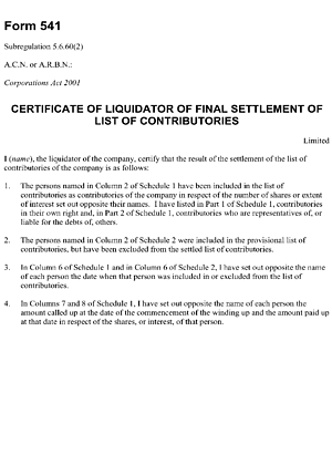 Form 541: Certificate of liquidator of final settlement of list of contributories
