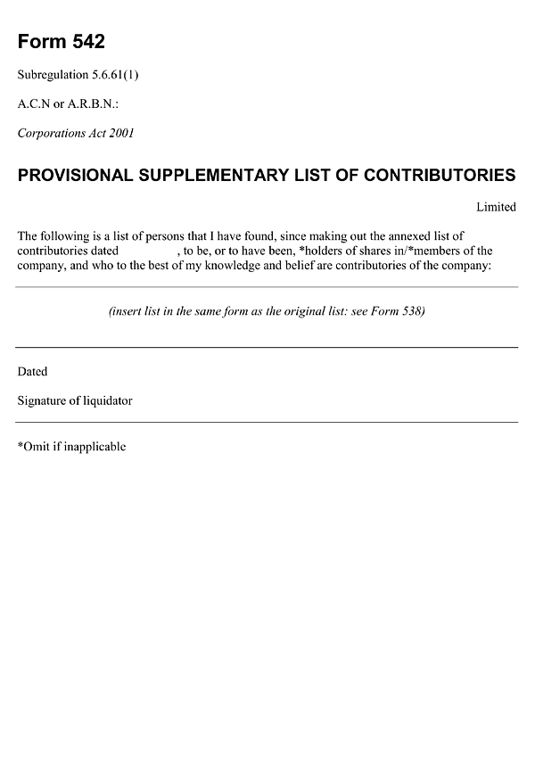 Form 542: Provisional supplementary list of contributories