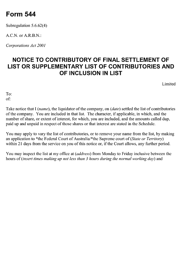 Form 544: Notice to contributory of final settlement of list or supplementary list of contributories and of inclusion in list