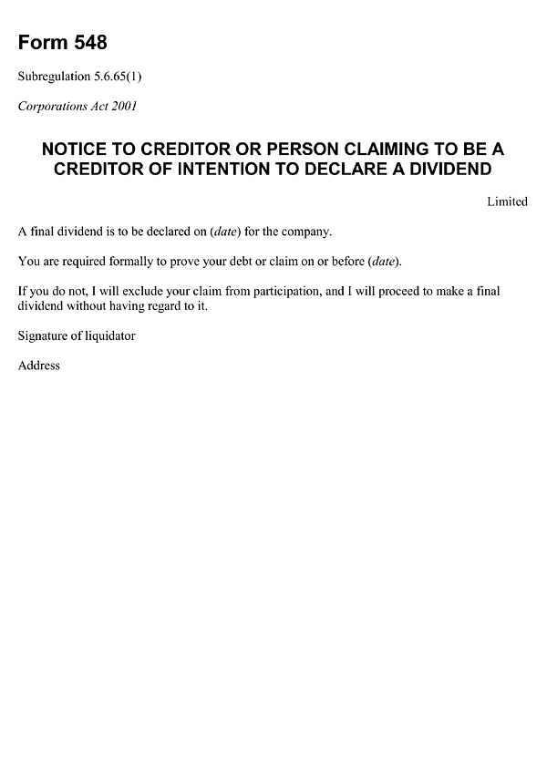 Form 548: Notice to creditor or person claiming to be a creditor of intention to declare a dividend