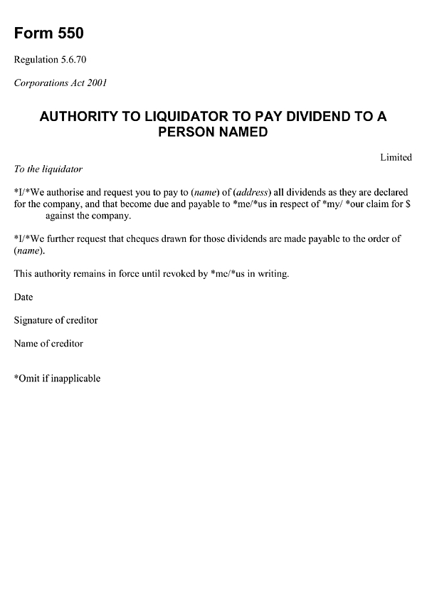 Form 550: Authority to liquidator to pay dividend to a person named