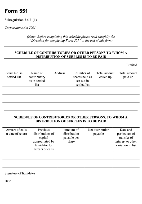 Form 551: Schedule of contributories or other persons to whom a distribution of surplus is to be paid