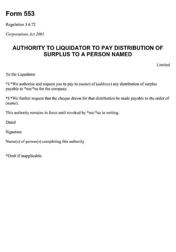 Form 553: Authority to liquidator to pay distribution of surplus to a person named