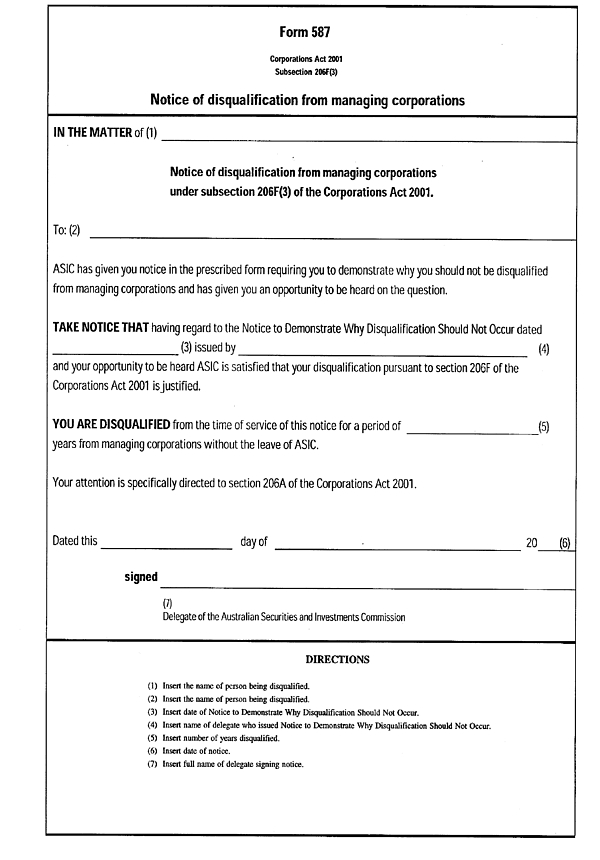 Form 587: Notice of disqualification from managing corporations