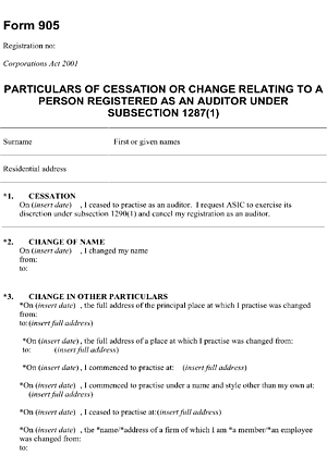 Form 905: Particulars of cessation or change relating to a person registered as an auditor under subsection 1287(1)