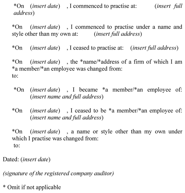 Form 905: Particulars of cessation or change relating to a person registered as an auditor under subsection 1287(1) (cont)