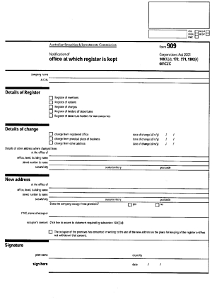 Form 909: Notification of office at which register is kept