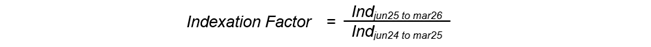 A formula to calculate the indexation factor by dividing the average index of the 4 most recent quarters (June 2025 to March 2026) by the average index of the previous 4 quarters (June 2024 to March 2025)