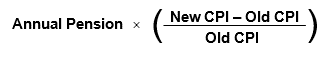 Start formula new CPI less old CPI divided by old CPI multiplied by annual pension end formula.