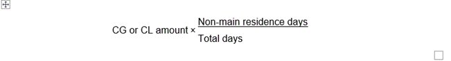 start formula CG or CL amount times Non-main residence days divided by Total days end formula