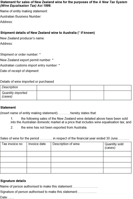 Example of suggested details to be included in a wholesaler's statement to verify WET has been paid on goods in Australia including shipment details, statement confirming WET has been paid and, description and quantities of wine sold.