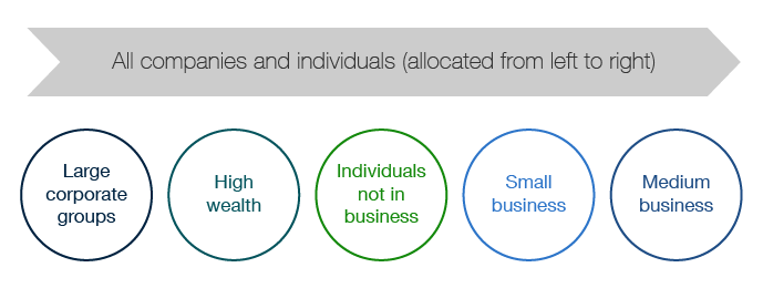Figure 2: All companies and individuals including large corporate groups, high wealth, individuals not in business, small business, and medium business. 