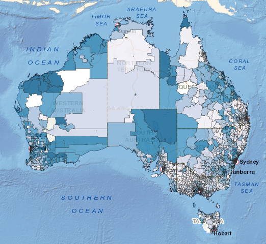 Map of Australia with postcode areas coloured according to median taxable income or loss.