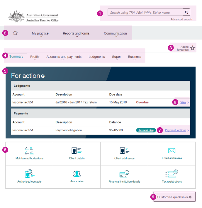 Image of the Client summary page in Online services for agents. It shows eight sections with a number. These correspond with the listed numbers and features in the text after this image.