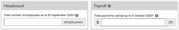 Screenshot of registration details baseline headcount and baseline payroll with no values entered.