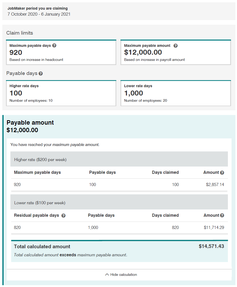 Screenshot of sample data used to calculate a user's payable JobMaker Hiring Credit amount for the JobMaker period 7 October 2020 to 6 January 2021. 