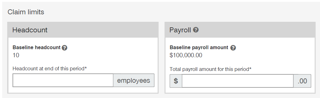 Screenshot of claim limits for a JobMaker period, showing a baseline headcount of 10 and a baseline payroll of 100,000 dollars, but no values for this period entered.