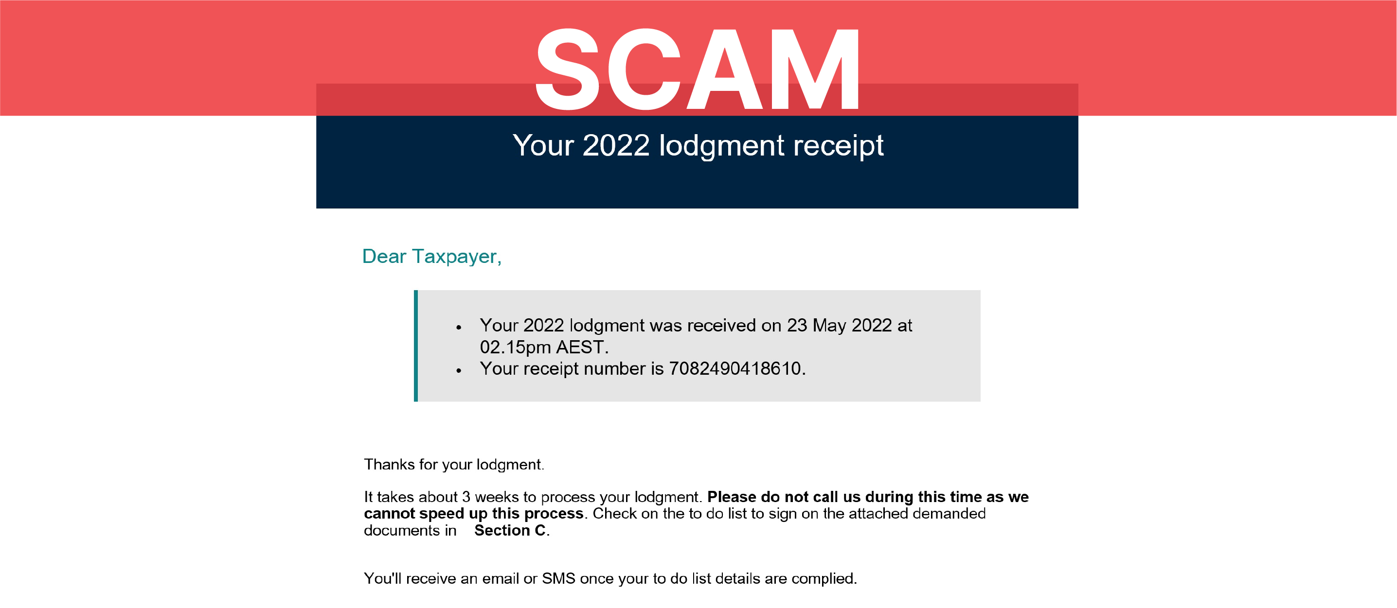 SCAM: Your 2022 lodgment receipt message