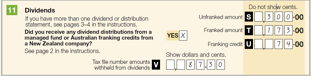 11 Dovodemds If you have more than one dividend or distribution statement, see pages 3-4 in the instructions Did you receive any dividend distributions from a managed fund or Australian franking credits from a New Zealand company? Yes See page 2 in the instructions Label S Unfranked amount: $300 Label T Franked amount: $173 Label U Franking credit: $74 Label V Tax file number amounts withheld from dividends: $87.30