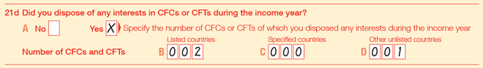 21d Did you dispose of any interests in CFCs or CFTs during the income year? items completed, Yes with X for 'Specify the number of CFS or CFTs of which you disposed any interests during the income year, B Listed countries 002, C Specified countries 000 and D Other unlisted countries 001.
