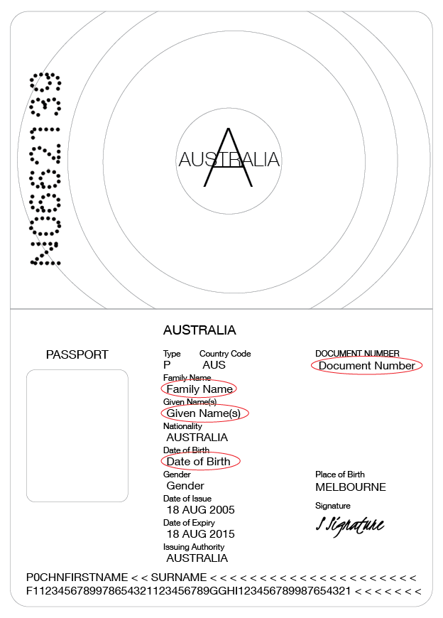 An example of an Australian passport that shows the Document number, Family name, Given name and Date of birth circled.