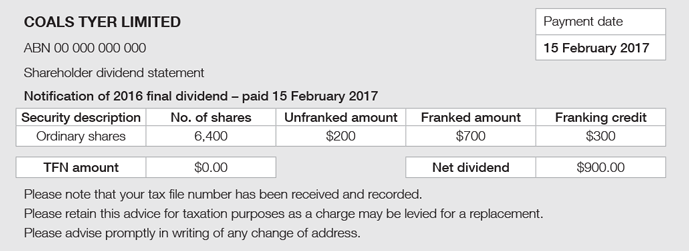 Image of an example shareholder dividend statement including the information and values provided in Example 2.