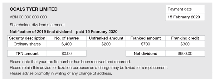 Coals Tyer Limited ABN 00 000 000 000 Payment date: 15 February 2020 Shareholder dividend statement Notification of 2019 final dividend - paid 15 February 2020 Security description: ordinary shares Number of shares: 6,400 Unfranked amount: $200 Franked amount: $700 Franking credit: $300 TFN amount: nil Net dividend: $900 Please note that your tax file number has been received and recorded. Please retain this advice for taxation purposes as a charge may be levied for a replacement.  Please advise promptly in writing of any change of address.
