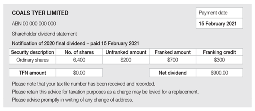 Coals Tyer Limited ABN 00 000 000 000 Payment date: 15 February 2021 Shareholder dividend statement Notification of 2020 final dividend - paid 15 February 2021 Security description: ordinary shares Number of shares: 6,400 Unfranked amount: $200 Franked amount: $700 Franking credit: $300 TFN amount: nil Net dividend: $900 Please note that your tax file number has been received and recorded. Please retain this advice for taxation purposes as a charge may be levied for a replacement.  Please advise promptly in writing of any change of address.
