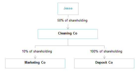 Jesse owns 50% of Cleaning Co. Cleaning Co owns 10% of Marketing Co and 100% of Deposit Co.