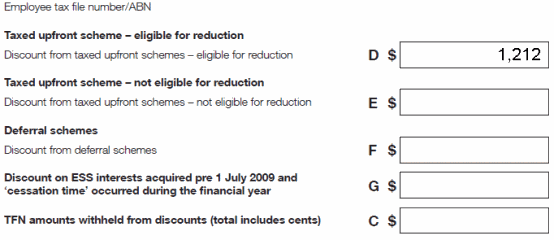 Astrid's amended ESS statementTaxed upfront scheme - eligible for reductionDiscount from taxed upfront schemes - eligible for reductionLabel D: $1,212 All remaining labels left blank