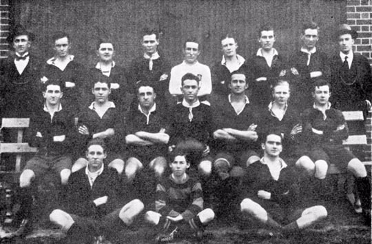 Sydney branch rugby league team, 1919. Standing: B Stanley (trainer), G Yabsley, C Clemenger, R Hill, W Neill (referee), J Stapleton, J McInnes, G McDonald, D Payne (manager). Sitting: B Marley (honorary secretary), P Johnston, J Palmer, WE Addicoat (captain), C Childers, J Reibelt, S Cooper. Front: B Wearing, S Josselyn (mascot), D Hoctor.