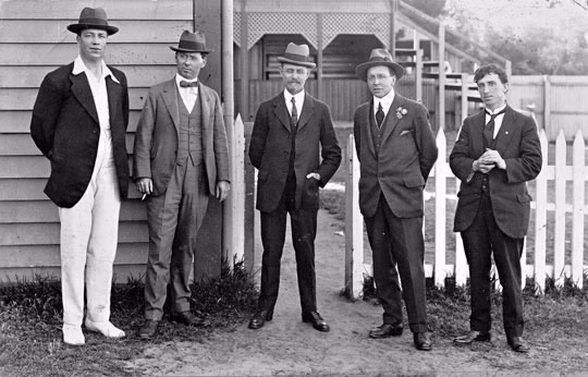 Senior tax officers at the Aspendale Park picnic, Melbourne, December 1921. Left to right: J Martin (office manager), RW Chenoweth (chief clerk), R Ewing (Commissioner), D Ray (Deputy Commissioner), E Adams (officer-in-charge, records).