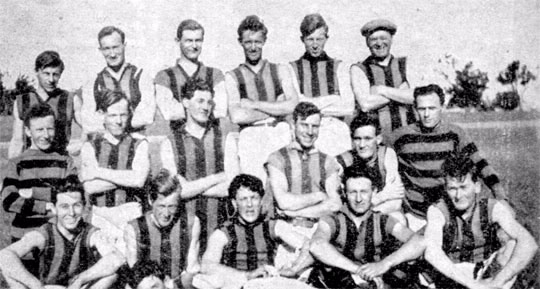 Perth branch football team, 1923. Back row, left to right: Norm Mosel, Bill Peacock, Bert Aderly, Bill Earnshaw, Dave David, Vern Bray.Middle row: Roy McCarter, Ted Fleming, Harry Wenlock, Alf Langsford, Tommy Duncan, Cyril King. Front row: Harry Hogue, Bill Hughes, Bert Smith, Bill Moore, Jack Event.