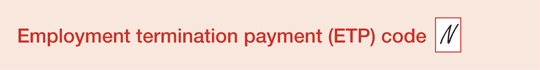 Example of the completed 'Emplyment termination payment (ETP) code' field on the PAYG payment summary - employment termination payment form. Box completed with N. 
