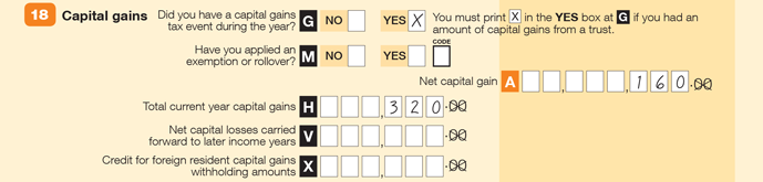 Enter an X at Yes Item G (Did you have a capital gains tax event during the year?), $160 at A (Net capital gain) and $320 at H (Total current year capital gains)